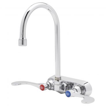 T&S Brass B-1146-04 Wall-Mount 4 Inch Center ADA Compliant Chrome Plated Brass Workboard Faucet With 5 3/4 Inch Swivel Gooseneck Nozzle And Color-Coded 4 Inch Wrist Action Handles