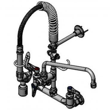 T&S Brass MPY-8WLN-12-4C Wall-Mount Mini-PRU 8 Inch Centers EasyInstall Overhead Spring Mini Pre-Rinse Unit With 24 Inch Hose And B-0107-C 0.65 GPM Low Flow Spray Valve And Add-On Faucet With 062X 12 Inch Swing Nozzle With B-0109-01 6 Inch Adjustable Wall