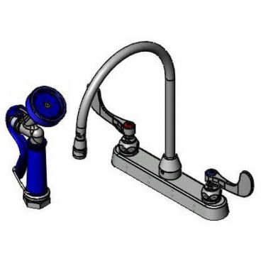 T&S Brass PG-2347-WH4-VH 8” Center Deck Mounted Pet Grooming Faucet With 8-13/16” Swivel Gooseneck Nozzle, Angled Spray Valve, and 4” Wrist Handles