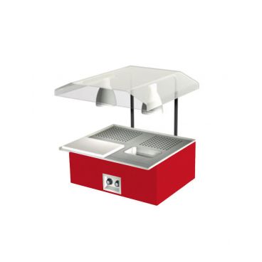 Duke TAH-2-BC-217154 EconoMate Racing Red 30-3/8" Electric Insulated Tabletop Beef Cart Carving Station With 2 Heated Wells, Au Jus Pan, Meat Spike And Carving Board, 120/208/240 Volts
