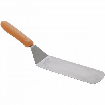 Winco TNH-90 8.25" x 2.88" Stainless Steel Offset Flexible Turner with Orange Cool Heat Nylon Handle