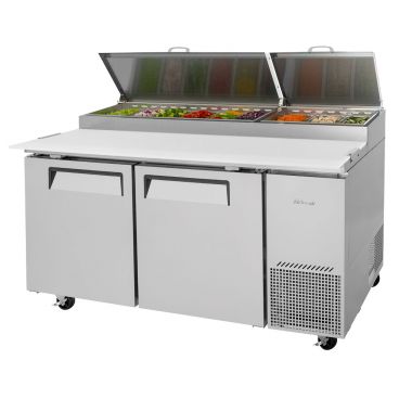 Turbo Air TPR-67SD-N 67" Super Deluxe Series Insulated Self-Contained Refrigeration Pizza Prep Table With 2 Doors, 9 Condiment Pans And 19-1/4" Cutting Board, 20 Cubic Feet, 115 Volts