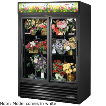 True GDM-47FC-HC-LD 54 1/8" Two Sliding Door White Glass Refrigerated Floral Case with 4 Shelves and Hydrocarbon Refrigerant - 115V