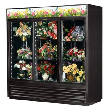 True GDM-69FC-HC-LD 78 1/8" Black Three Glass Sliding Door Floral Case with 6 Shelves and Hydrocarbon Refrigerant - 115V