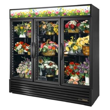 True GDM-72FC-HC~TSL01 78 1/8" Three Door Black Glass Floral Case with 6 Shelves and Hydrocarbon Refrigerant - 115V
