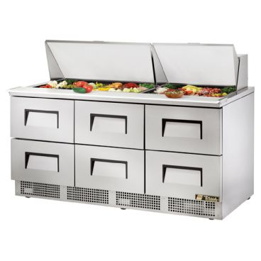 True TFP-72-30M-D-6 72-1/8” Six Drawer Food Prep Table Refrigerator With 30 Food Pans And 134A Refrigerant - 115V