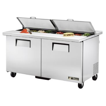 True TSSU-60-16-DS-ST-HC 60-3/8” Dual Sided Two Door Sandwich / Salad Food Prep Table Refrigerator With 16 Food Pans And Hydrocarbon Refrigerant - 115V