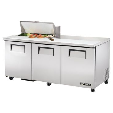True TSSU-72-08-HC 72-3/8” Three Door Sandwich/Salad Food Prep Table Refrigerator With 8 Food Pans And Hydrocarbon Refrigerant - 115V