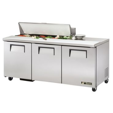 True TSSU-72-12-HC 72-3/8” Three Door Sandwich/Salad Food Prep Table Refrigerator With 12 Food Pans And Hydrocarbon Refrigerant - 115V