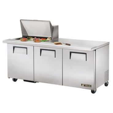 True TSSU-72-12M-B-HC 72-3/8” Mega-Top Three Door Sandwich/Salad Food Prep Table Refrigerator With 12 Food Pans And Hydrocarbon Refrigerant - 115V