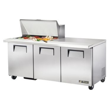 True TSSU-72-15M-B-HC 72-3/8” Mega-Top Three Door Sandwich/Salad Food Prep Table Refrigerator With 15 Food Pans And Hydrocarbon Refrigerant - 115V