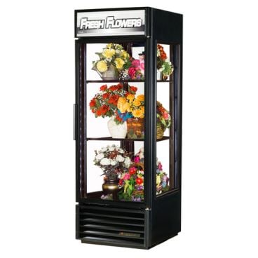 True G4SM-23FC-HC~TSL01 27 1/2" Black Four Sided Glass One Door Floral Case with 2 Shelves and Hydrocarbon Refrigerant - 115V