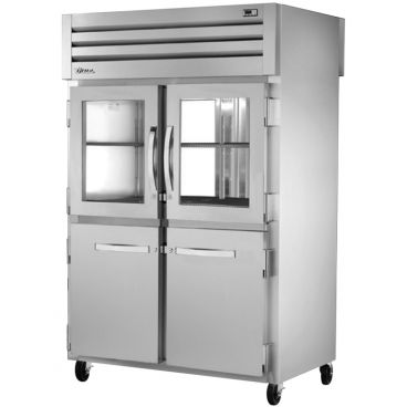 True STA2RPT-2HG/2HS-2G-HC Spec Series ENERGY STAR Certified 2-Section 52 5/8" Wide Half-Height Glass / Solid Front Doors And Full-Height Glass Rear Doors Insulated R290 Hydrocarbon Pass-Thru Refrigerator With Stainless Steel Exterior And Aluminum Interio