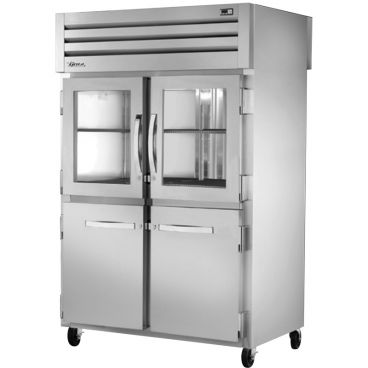 True STA2RPT-2HG/2HS-2S-HC Spec Series 2-Section 52 5/8" Wide Half-Height Glass / Solid Front Doors And Full-Height Solid Rear Doors Insulated R290 Hydrocarbon Pass-Thru Refrigerator With Stainless Steel Exterior And Aluminum Interior, 115V