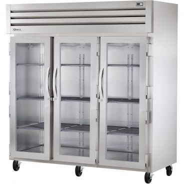 True STG3R-3G Spec Series 3-Section 77 3/4" Wide Full-Height Glass Door Insulated Reach-In Refrigerator With Stainless Steel Door With Aluminum Sides And Interior, 115V