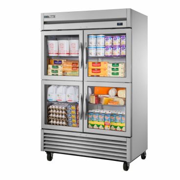 True T-49G-4-HC~FGD01 T Series Reach-In Two Section Refrigerator w/ Four Glass Half Doors And Six PVC Coated Wire Shelves
