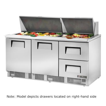 True TFP-72-30M-D-2_CN 72-1/8” Two Door And Centered Drawers Food Prep Table Refrigerator With 30 Food Pans And 134A Refrigerant - 115V