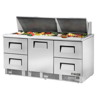 True TFP-72-30M-D-4_CN 72-1/8” Centered Door And Four Drawer Food Prep Table Refrigerator With 30 Food Pans And 134A Refrigerant - 115V