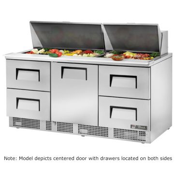 True TFP-72-30M-D-4_RH 72-1/8” Solid Door And Four Right-hand Drawers Food Prep Table Refrigerator With 30 Food Pans And 134A Refrigerant - 115V