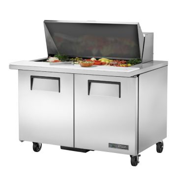 True TSSU-48-18M-B-HC 48-3/8” Mega-Top Two Door Sandwich / Salad Food Prep Table Refrigerator With 18 Food Pans And Hydrocarbon Refrigerant - 115V