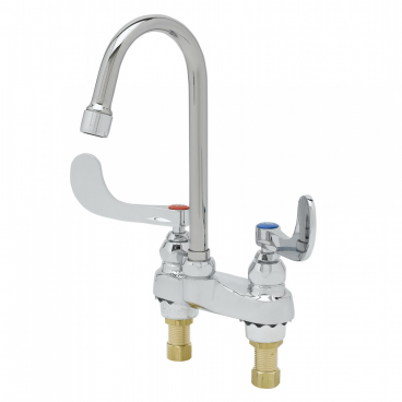 T&S Brass B-0892-01 Deck Mounted 4” Center Medical Faucet With 4-3/8” Swivel/Rigid Gooseneck Nozzle, Aerator, And 4” Wrist-Action Handles