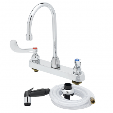 T&S Brass B-1172-07-WH4 8” Center Deck Mounted Workboard Faucet With 5-3/4” Swivel Gooseneck Nozzle, 7-Ft Sidespray Hose, and Wrist Handles
