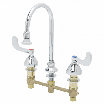 T&S Brass B-2865-04 Deck Mounted 8” Center Concealed Widespread Medical Faucet With 5-13/16” Rigid/Swivel Gooseneck Nozzle, Rosespray Outlet, And 4” Wrist Handles 