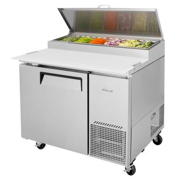 Turbo Air TPR-44SD-N 44" Super Deluxe Series Insulated Self-Contained Refrigeration Pizza Prep Table With 1 Door, 6 Condiment Pans And 19-1/4" Cutting Board, 14 Cubic Feet, 115 Volts