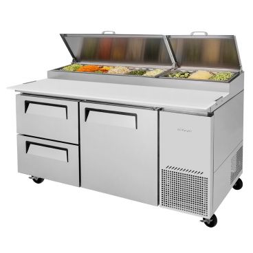 Turbo Air TPR-67SD-D2-N 67" Super Deluxe Series Insulated Self-Contained Refrigeration Pizza Prep Table With 2 Drawers And 1 Door, 9 Condiment Pans And 19-1/4" Cutting Board, 20 Cubic Feet, 115 Volts