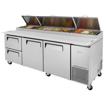 Turbo Air TPR-93SD-D2-N 93-3/8" Super Deluxe Series Insulated Self-Contained Refrigeration Pizza Prep Table With 2 Drawers, 2 Doors, 12 Condiment Pans And 19-1/4" Cutting Board, 31 Cubic Feet, 115 Volts