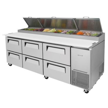 Turbo Air TPR-93SD-D6-N 93-3/8" Super Deluxe Series Insulated Self-Contained Refrigeration Pizza Prep Table With 6 Drawers, 12 Condiment Pans And 19-1/4" Cutting Board, 31 Cubic Feet, 115 Volts