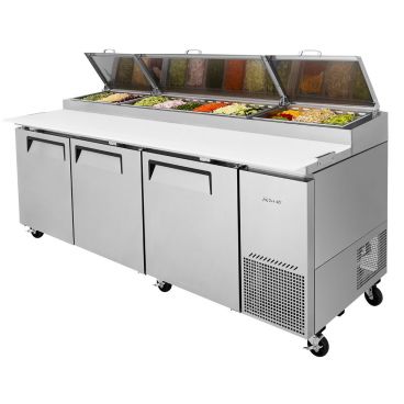 Turbo Air TPR-93SD-N 93-3/8" Super Deluxe Series Insulated Self-Contained Refrigeration Pizza Prep Table With 3 Doors, 12 Condiment Pans And 19-1/4" Cutting Board, 31 Cubic Feet, 115 Volts