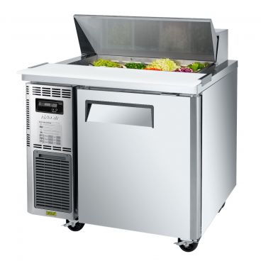 Turbo Air JST-36-N 35-3/8" J Series Side Mount Compressor Insulated Self-Contained Refrigeration Salad / Sandwich Food Prep Table With 8 Condiment Pans And 9-1/2" Cutting Board, 7.5 Cubic Feet, 115 Volts