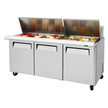 Turbo Air MST-72-30-N 72-5/8" M3 Series Insulated Self-Contained Refrigeration Salad / Sandwich Food Prep Table With 30 Condiment Pans And 9-1/2" Cutting Board, 23 Cubic Feet, 115 Volts