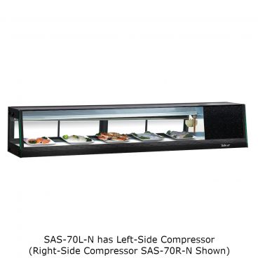 Turbo Air SAS-70L-N Black 70 1/4” Wide Left-Side Compressor 2.3 Cubic ft Straight Glass Refrigerated Sushi Case, 115 Volts
