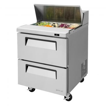 Turbo Air TST-28SD-D2-N 27-1/2" Super Deluxe Series Insulated Self-Contained Refrigeration Salad / Sandwich Food Prep Table With 2 Drawers, 8 Condiment Pans And 9-1/2" Cutting Board, 7 Cubic Feet, 115 Volts