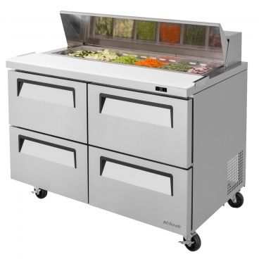 Turbo Air TST-48SD-D4-N 48-1/4" Super Deluxe Series Insulated Self-Contained Refrigeration Salad / Sandwich Food Prep Table With 4 Drawers, 12 Condiment Pans And 9-1/2" Cutting Board, 12 Cubic Feet, 115 Volts