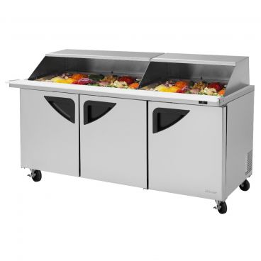 Turbo Air TST-72SD-30-N-SL 72-5/8" Super Deluxe Series Mega Top Insulated Self-Contained Refrigeration Salad / Sandwich Food Prep Table With 30 Condiment Pans And 9-1/2" Cutting Board, 23 Cubic Feet, 115 Volts