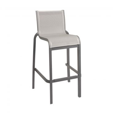 Grosfillex US300288 Sunset 22 1/2" Solid Gray Colored Textilene Sling Stacking Outdoor Armless Barstool With Volcanic Black Colored Aluminum Frame