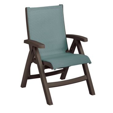 Grosfillex US550037 Belize 24 3/4" Spa Blue Colored Midback Outdoor Folding Resin Sling Armchair With Bronze Mist Frame