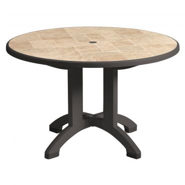 Grosfillex US701102 Aquaba 48" Round Charcoal Base With Toscana Decor Top Outdoor Resin Table With Umbrella Hole