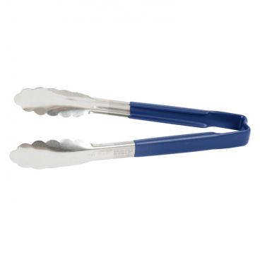 Vollrath 4780930 Jacobs Pride 9 1/2" Stainless Steel Scalloped Tong with Blue Coated Handle
