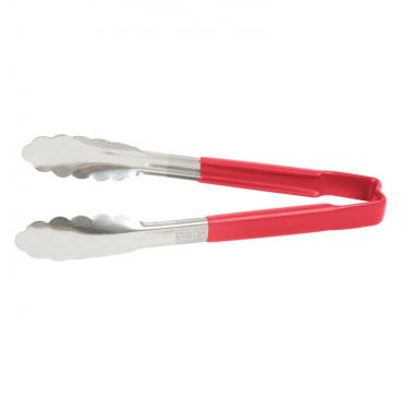 Vollrath 4780940 Jacobs Pride 9 1/2" Stainless Steel Scalloped Tong with Red Coated Handle