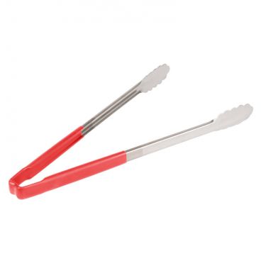 Vollrath 4781640 Jacobs Pride 16" Stainless Steel Scalloped Tong with Red Coated Handle