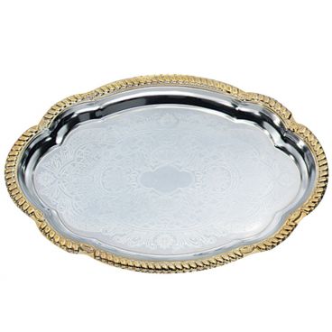 Vollrath 47265 Chrome Plate 18" x 13" Oval Gold Trim Serving Tray
