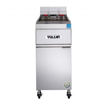 Vulcan 1TR65A PowerFry3 Natural Gas 65-70 lb. Floor Fryer with Solid State Analog Controls - 80,000 BTU