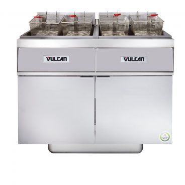 Vulcan 2ER50AF 100 lb. Split Pot Electric Floor Fryer with Analog Controls and KleenScreen PLUS Filtration System - 240V, 3 Phase, 34 kW