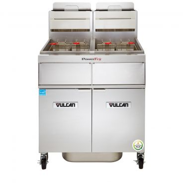 Vulcan 2VK45AF PowerFry5 Liquid Propane 90-100 lb. 2 Unit Floor Fryer System with Solid State Analog Controls and KleenScreen Filtration - 140,000 BTU