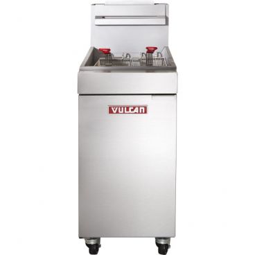 Vulcan LG300 LG Series Natural Gas 15 1/2" Wide Freestanding Single-Tank 35-40 lb Oil Capacity Stainless Steel Commercial Gas Fryer On Nickel-Plated Legs With Millivolt Thermostat Controls, 90,000 BTU