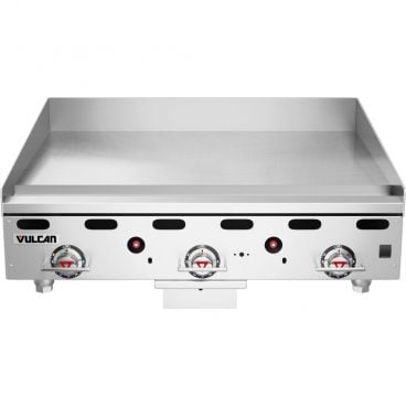 Vulcan MSA36 MSA Series Natural Gas Countertop 3-Burner 36" Wide x 24" Deep Flat Top 1" Thick Polished Stainless Steel Plate Heavy-Duty Griddle On Adjustable Legs With Snap Action Thermostatic Controls, 81,000 BTU